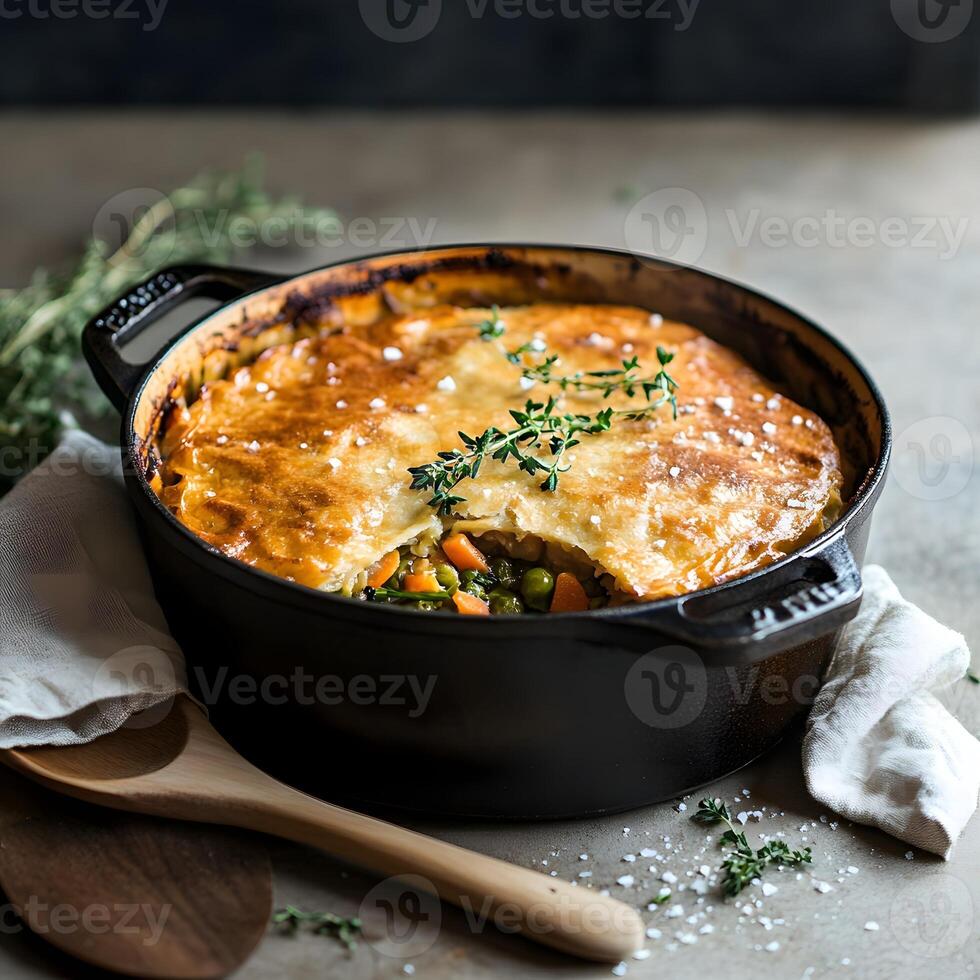 Vegetable casserole with meat and cheese in a baking dish. photo