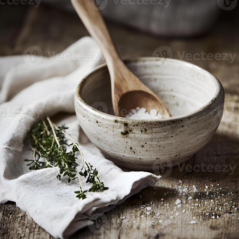 Salt and thyme in a ceramic bowl on rustic wooden background. photo