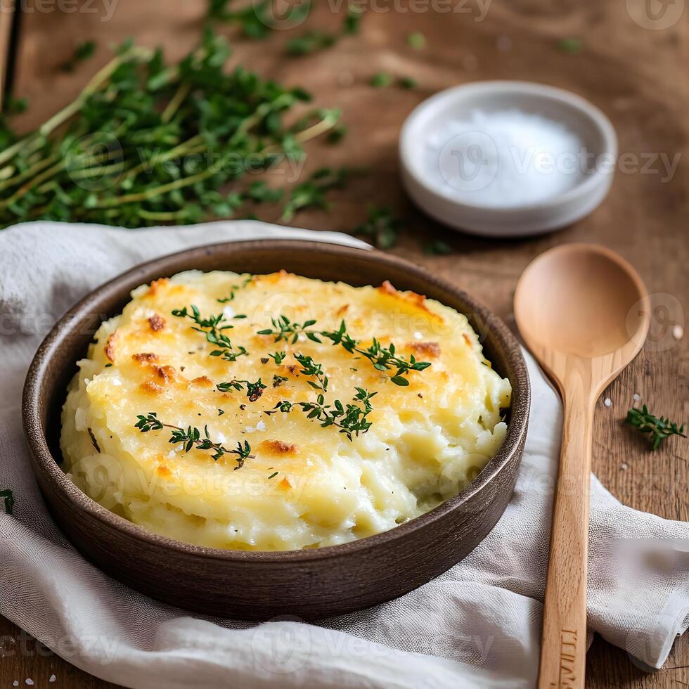 Mashed potatoes with thyme in a wooden bowl, selective focus. photo