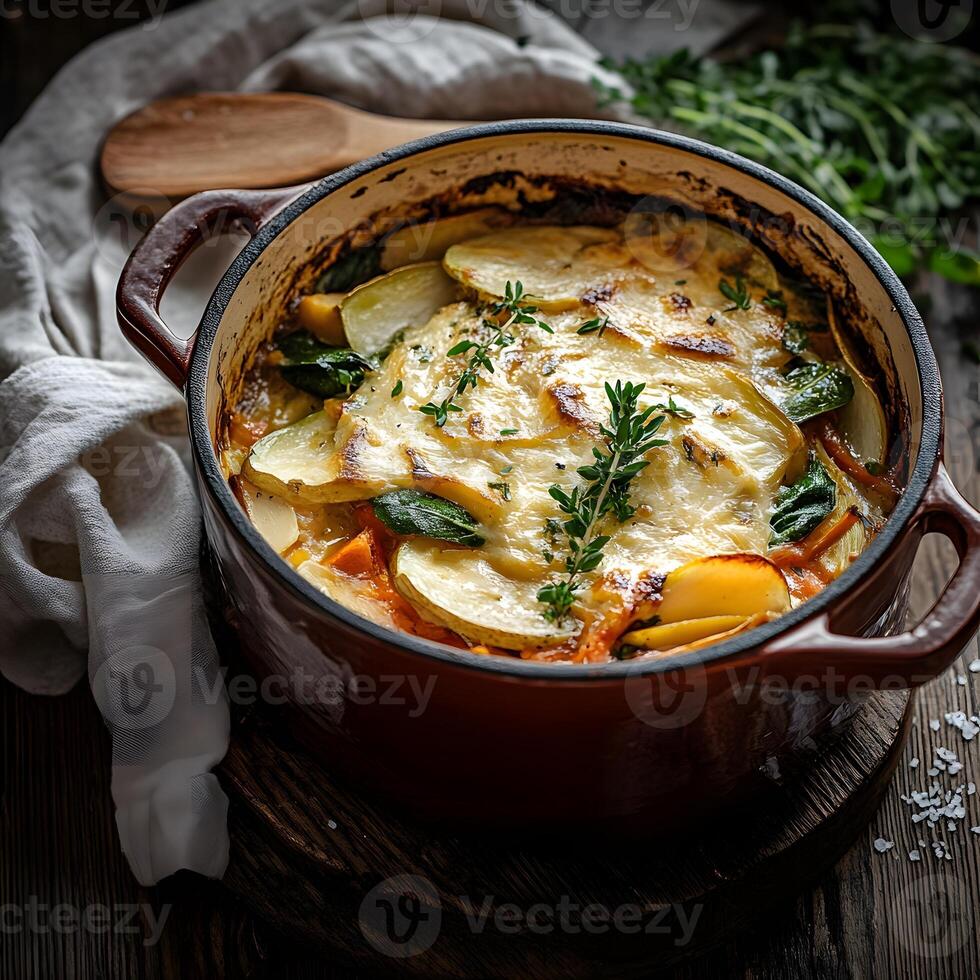 Potato casserole with cheese and herbs, rustic style. photo