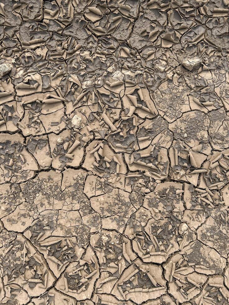 Dry cracked earth surface displaying intricate patterns of desiccation, showcasing the effects of drought and environmental change on natural landscapes and soil texture, natural background photo