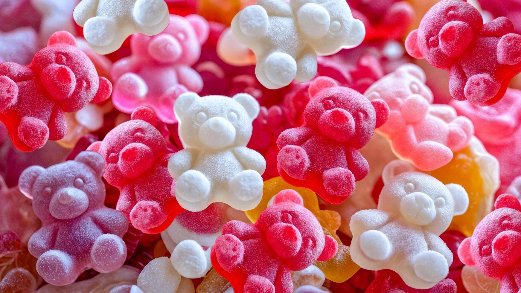 Assorted gummy bears in vibrant colors with sugar coating and chewy texture, top view. photo