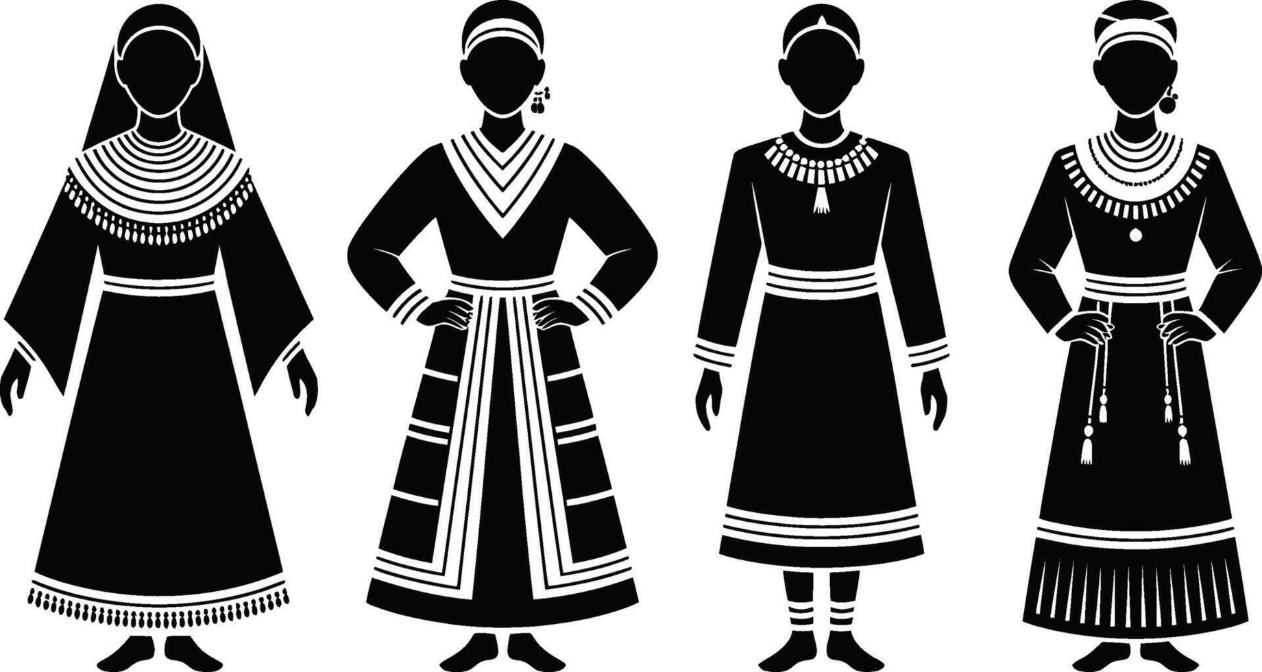 Silhouetted Women in Traditional Black and White Dresses vector