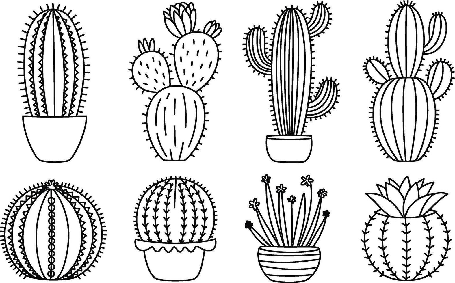 Black and White Cactus Plant Illustrations in Pots vector
