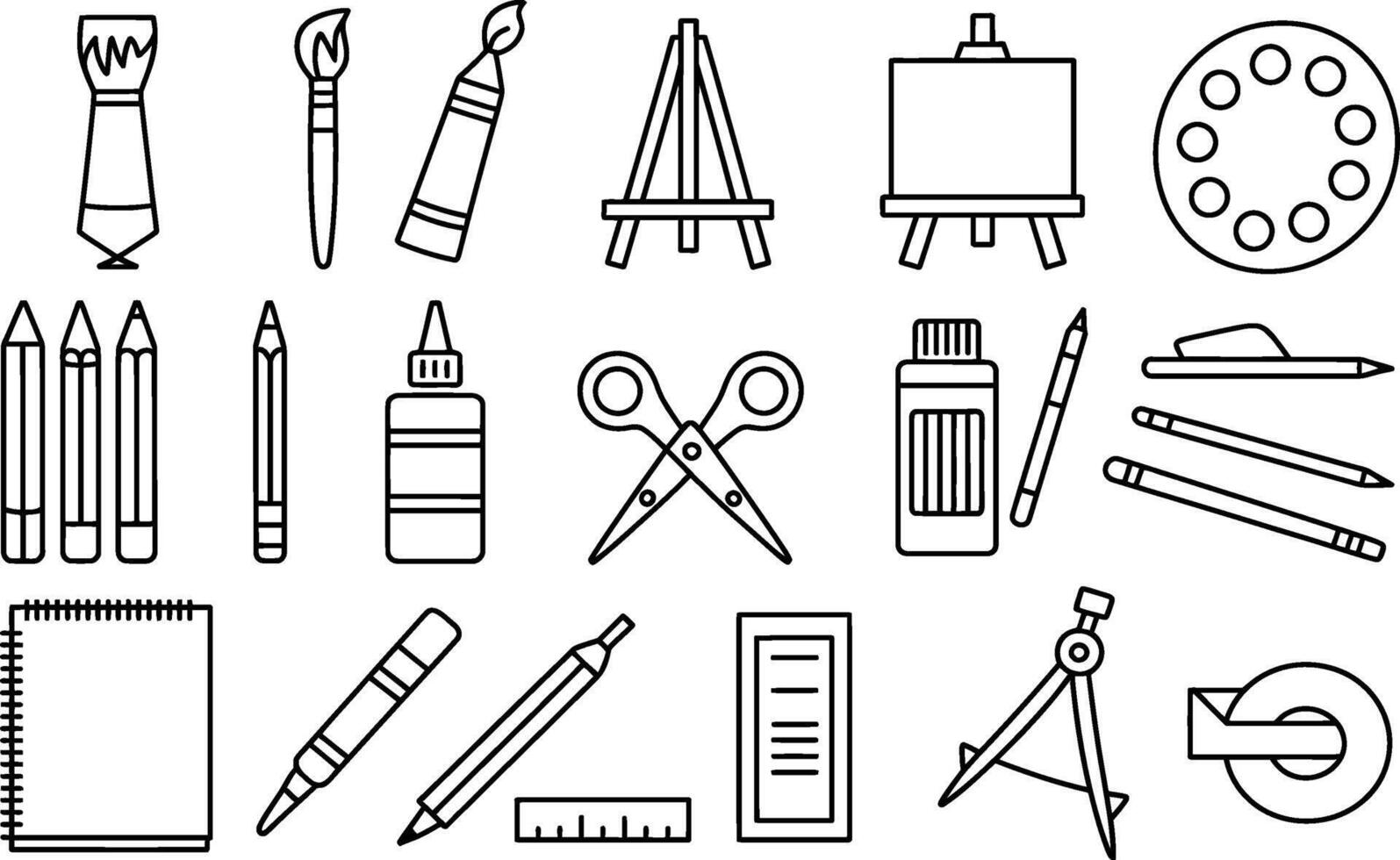 Art Supplies Outline Illustration with Paintbrush, Pencils, and Palette vector