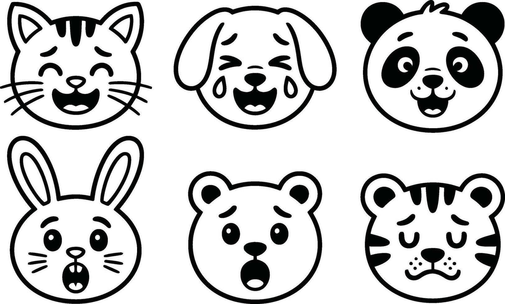 Black and White Animal Faces Cat Dog Panda Rabbit Bear Tiger Expressions vector