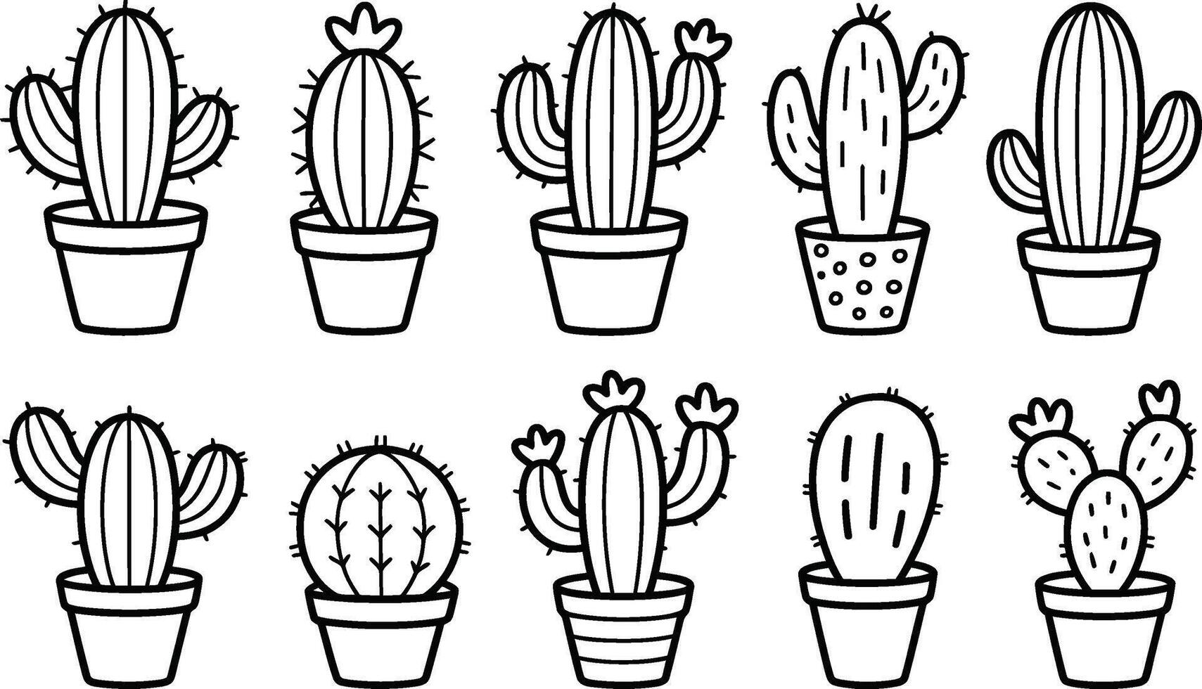 Black and White Cactus Plants in Pots Isolated on White Background vector