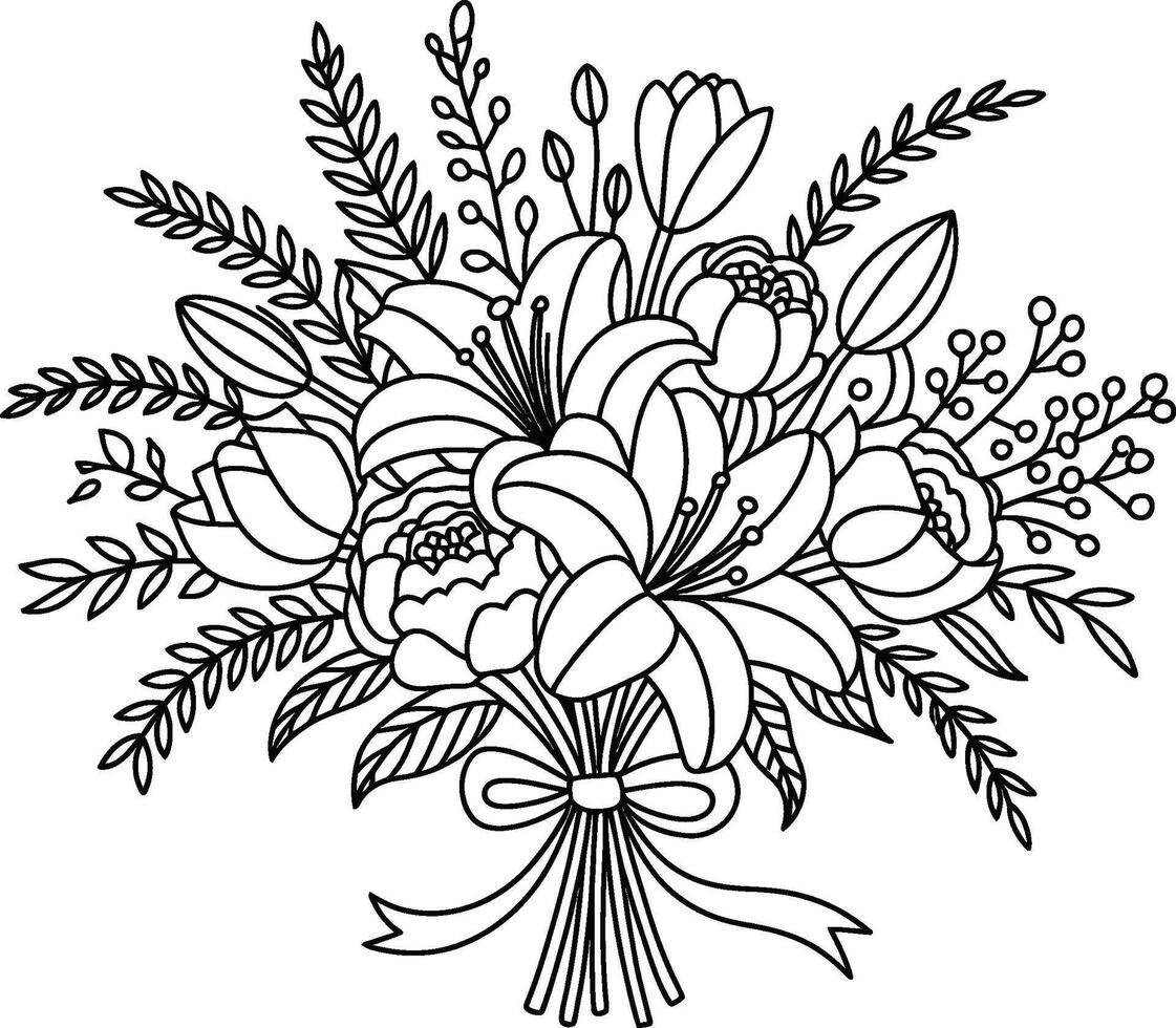 Black and white floral bouquet illustration with lilies and ribbon vector
