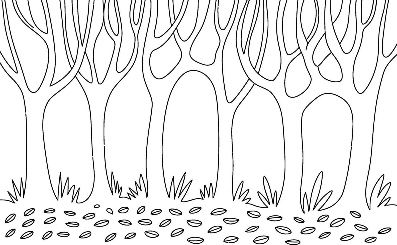 Black and White Forest Scene Illustration with Trees Grass and Leaves vector