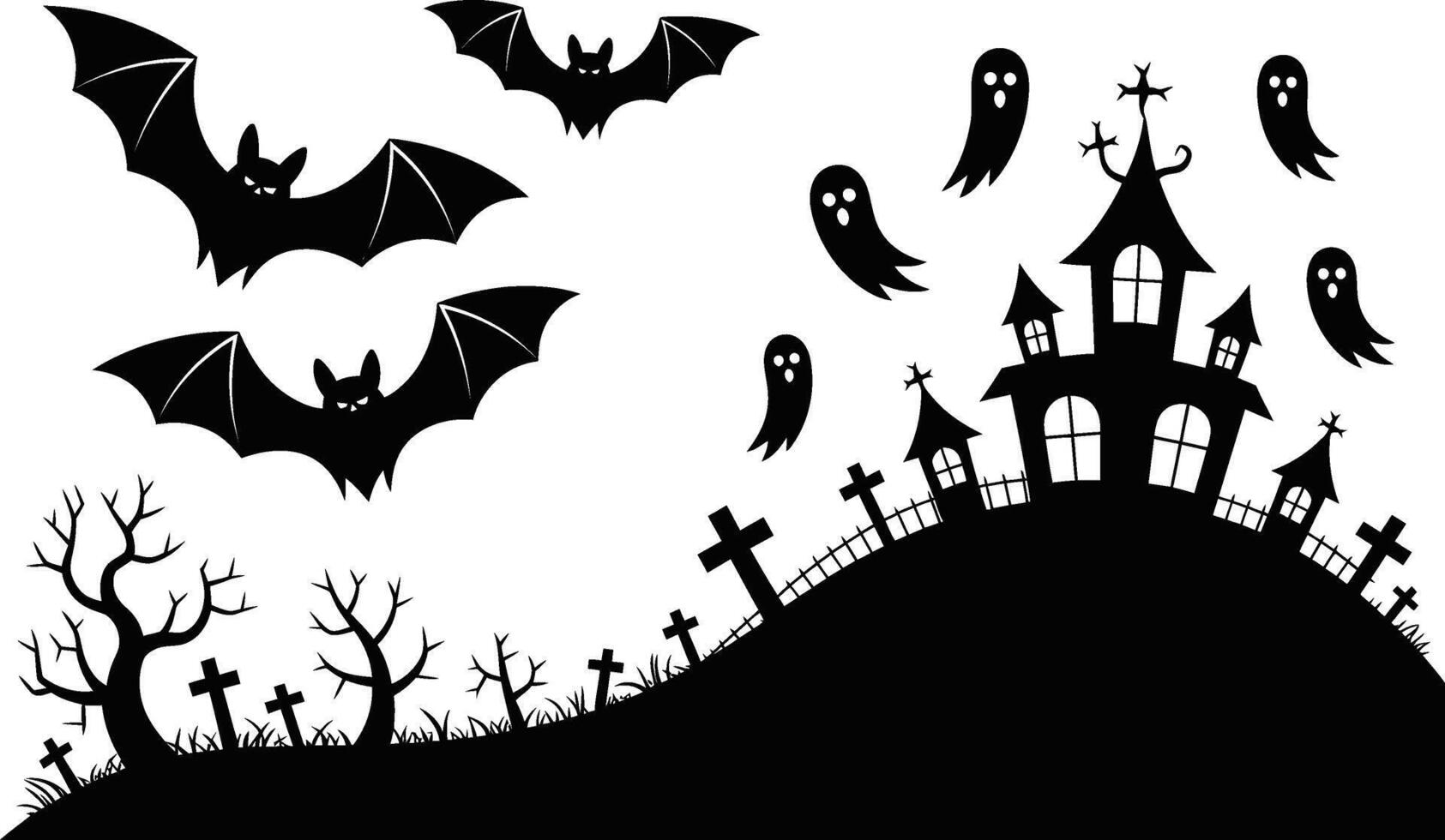 Black Halloween Silhouette Scene Bats Ghosts Haunted House Graveyard vector