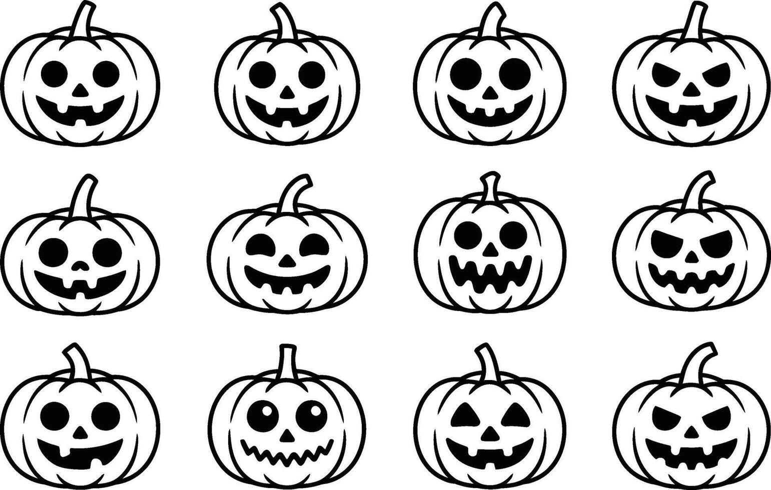 Black and White Halloween Pumpkin Faces on White Background vector