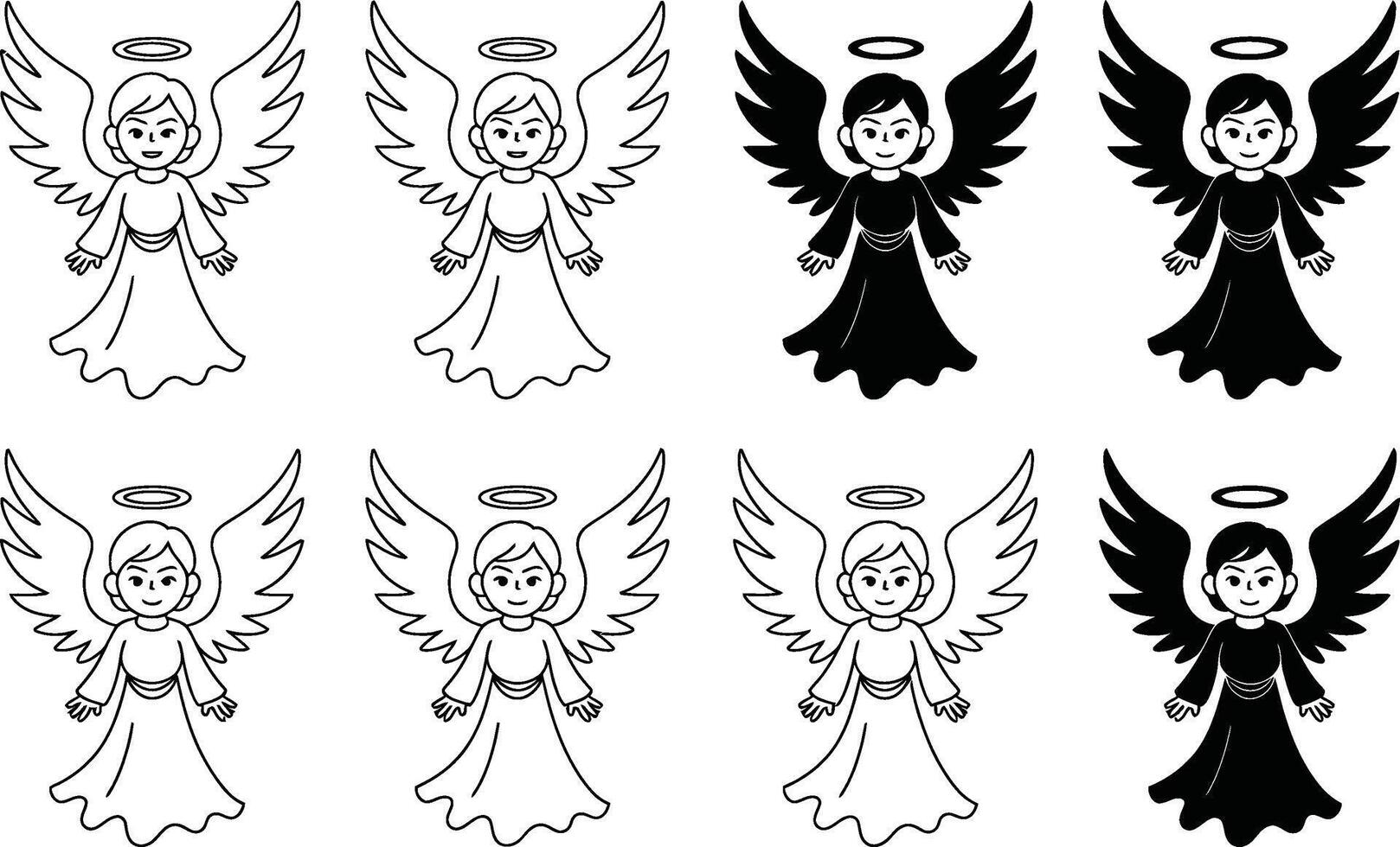 Eight Angel Illustrations in Black and White with Wings and Halos vector