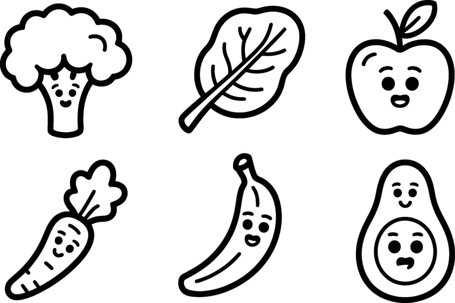 Black and White Cartoon Fruits and Vegetables with Faces vector