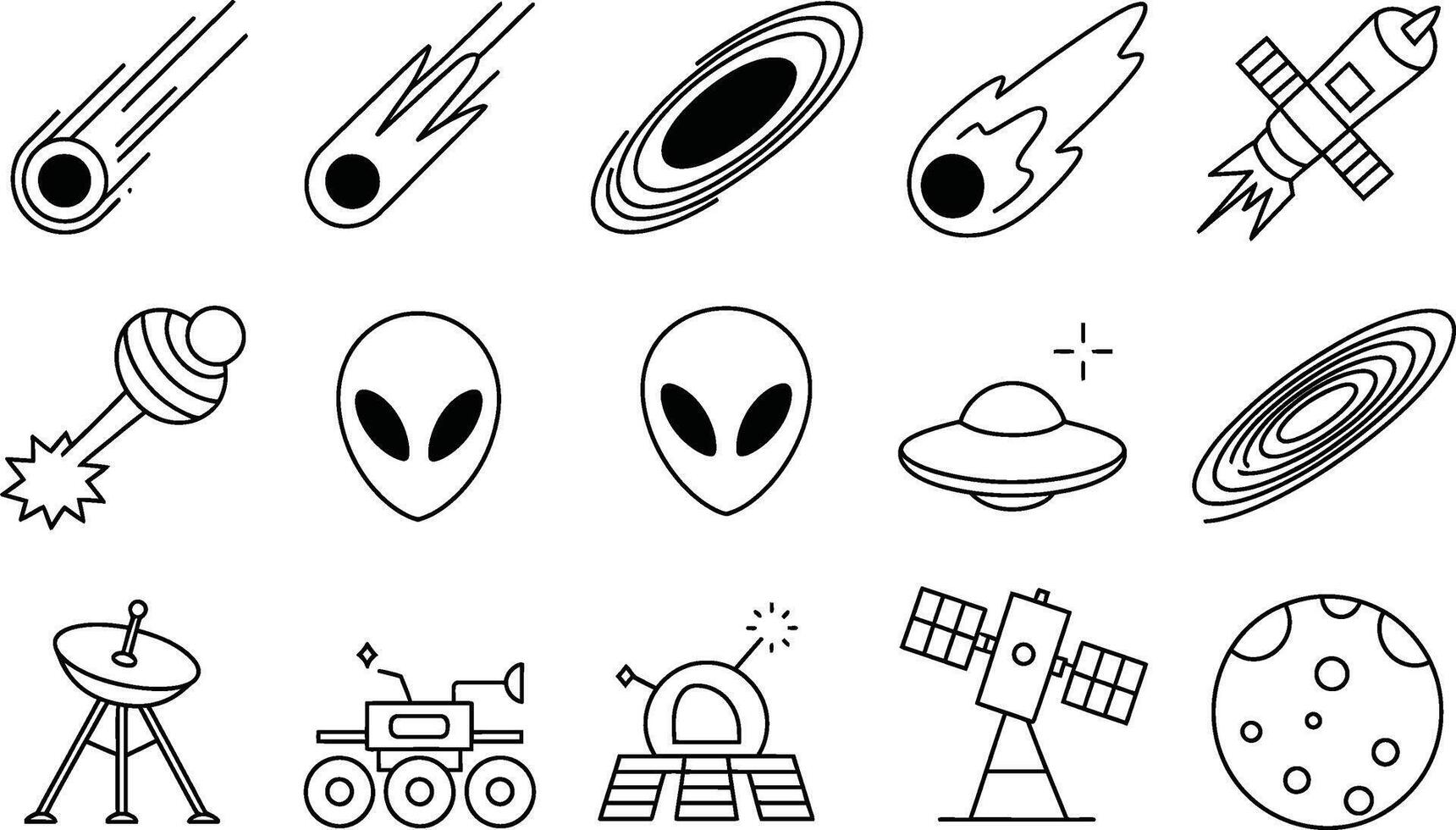 Black and White Space Icons Meteor Alien Spaceship Satellite Moon Rover vector