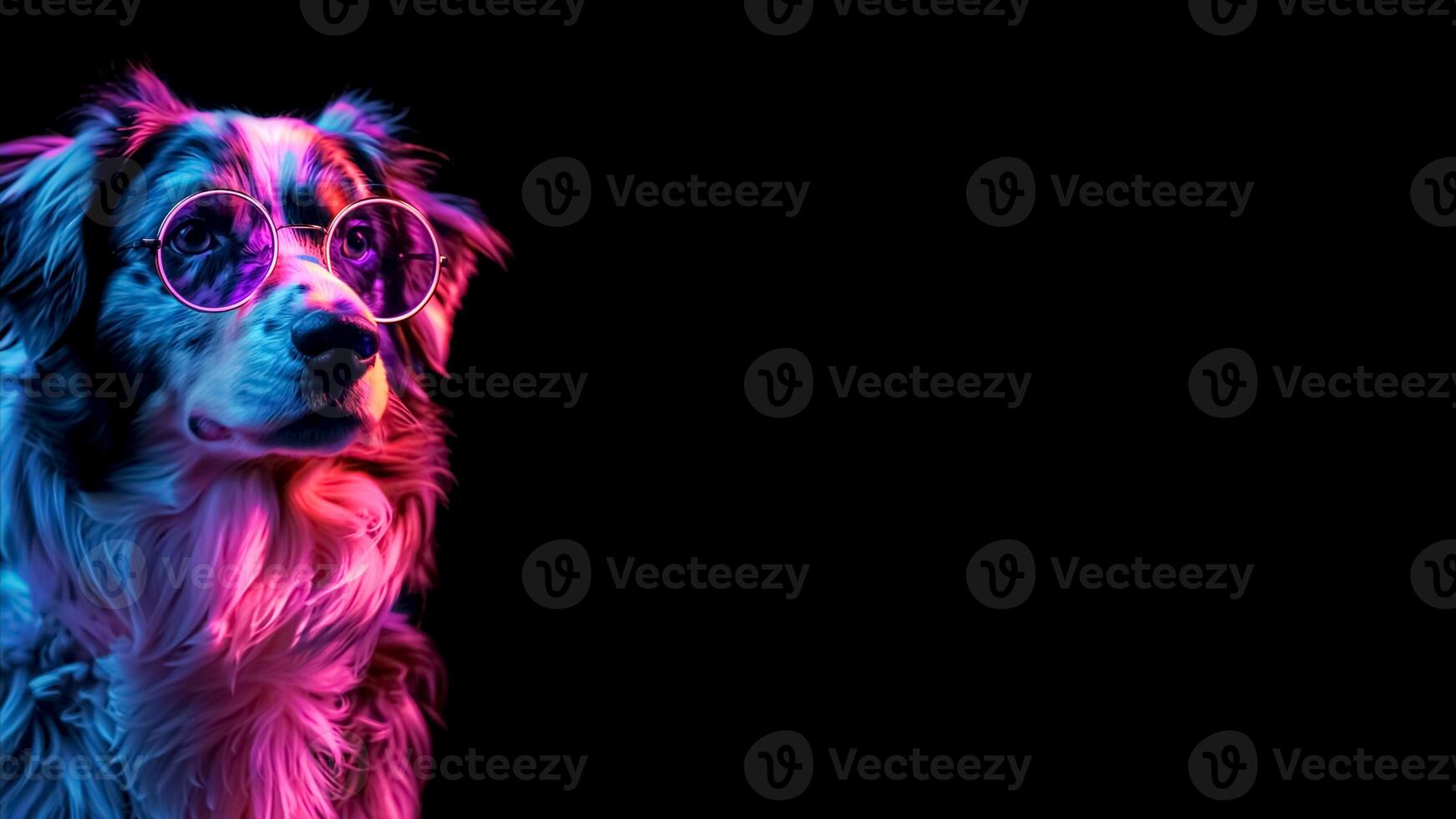 Blue Merle Australian Shepherd Aussie Dog with Retro Sunglasses, Black Background, Copyspace, Pink Neon Scenery, Pet Fashion. photo