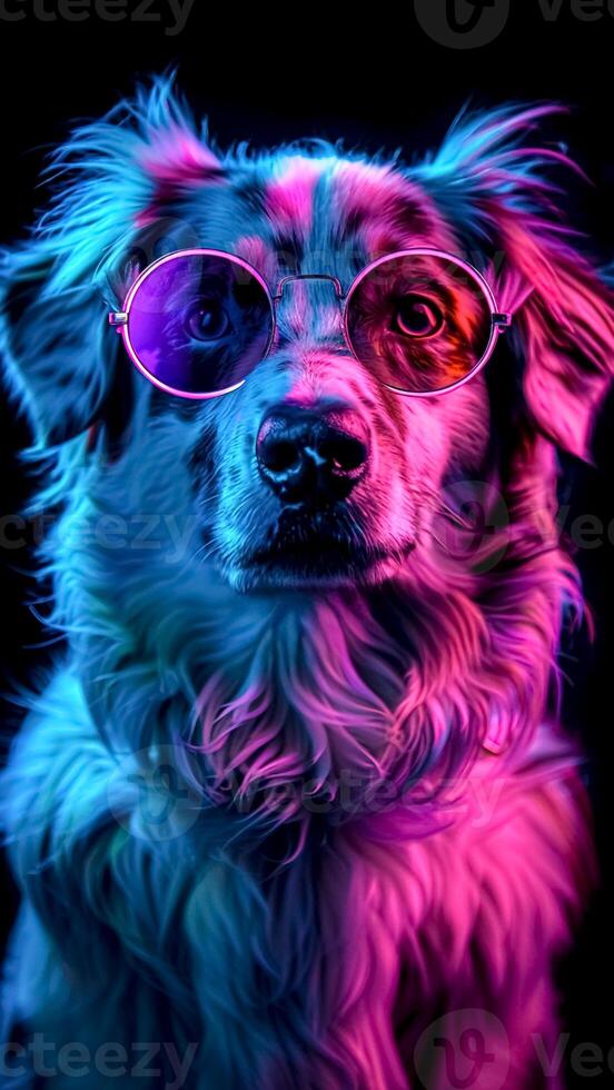 Blue Merle Aussie Australian Shepherd Dog Wearing Round Sunglasses. Pink Neon Scenery, Fashionable Look, Stylish Pet. photo
