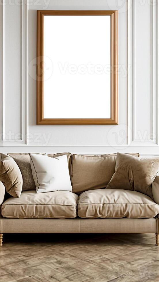 Beige Sofa with Empty White Frame on Wall. photo