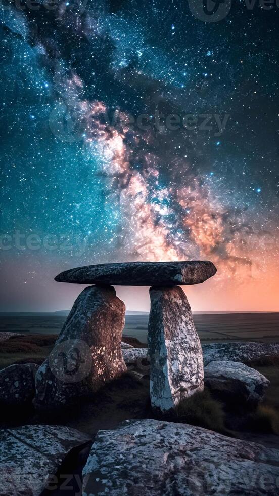 Dolmen with starry night background photo