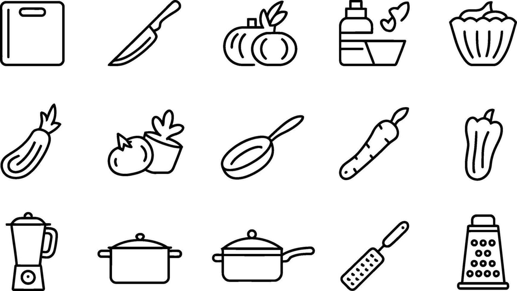Kitchen Utensils and Vegetables Outlined in Black and White vector