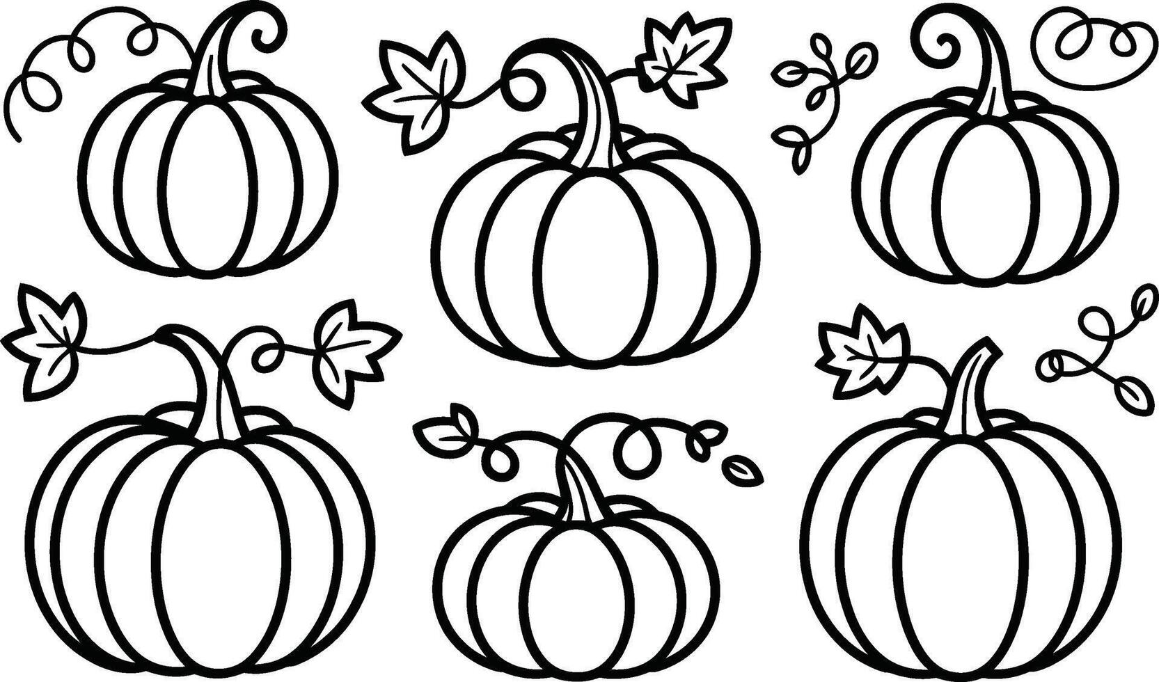 Black and White Pumpkin Illustrations with Vines and Leaves vector