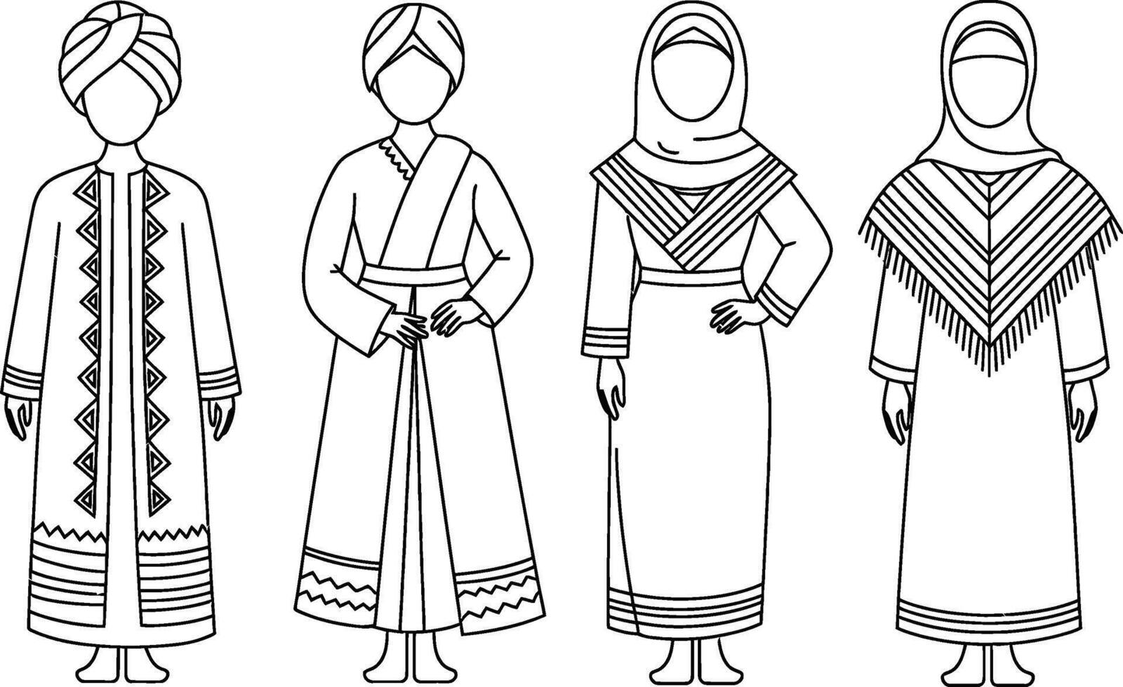 Outlined Figures in Traditional Arab Garments clothing vector