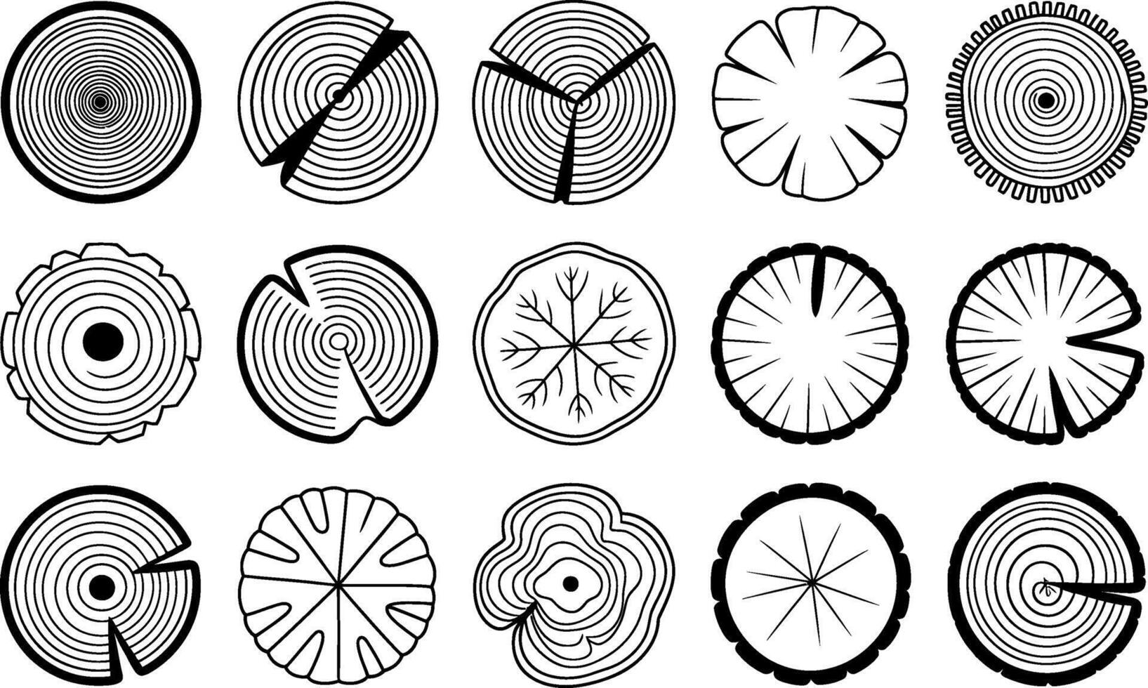 Black and white wood slices illustrations with various shapes and patterns vector