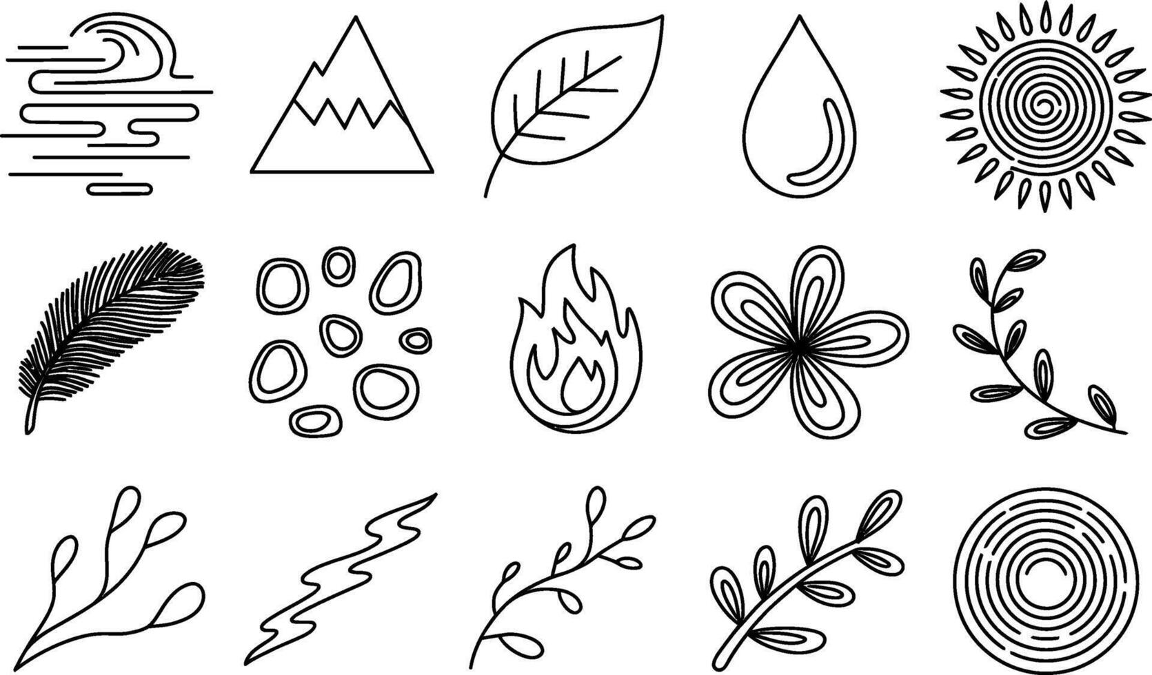 Black Line Art Elements of Nature and Symbols on White Background vector