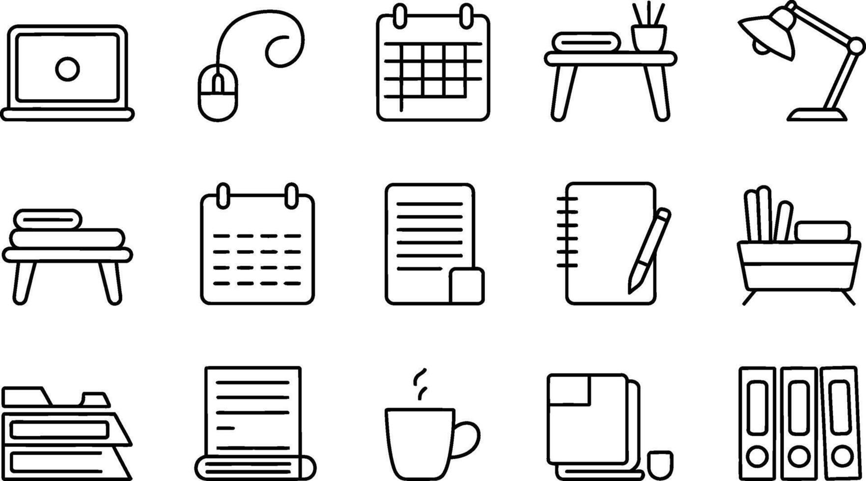 Office Supplies and Workspace Icons in Black Outline Style vector