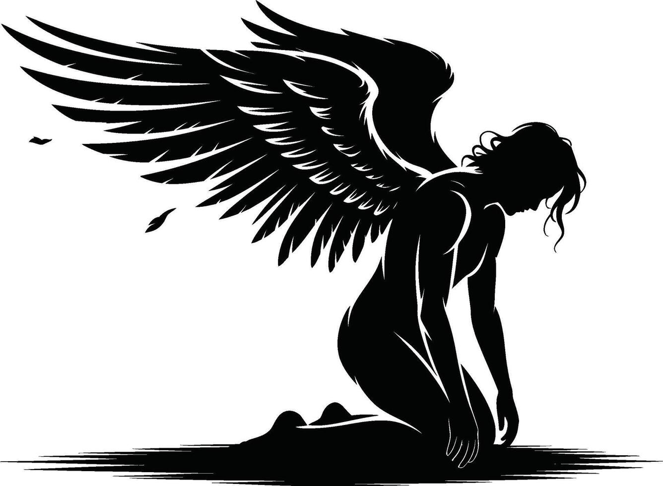 Black Silhouette of Kneeling Figure with Angel Wings on White vector
