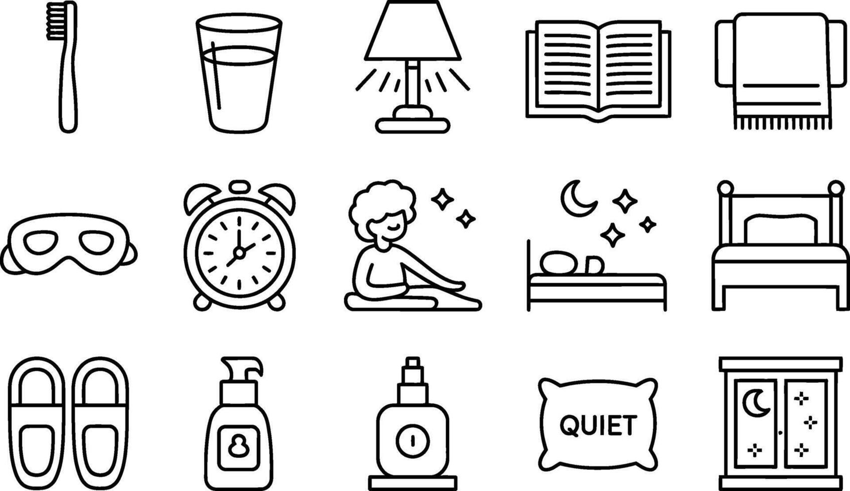 Black and White Sleep Routine Icons Toothbrush Glass Lamp Book Towel vector