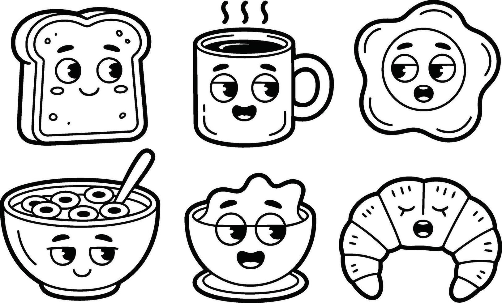 Cartoon Breakfast Food Set Toast Coffee Egg Cereal Croissant vector