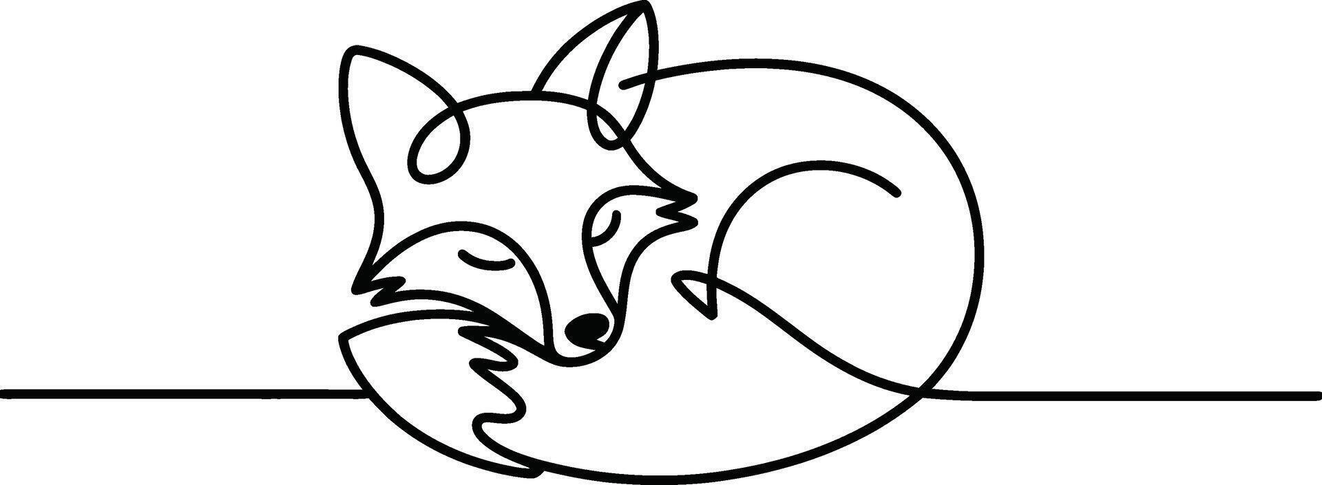 Black Line Art Fox Curled Up Sleeping on White Background vector