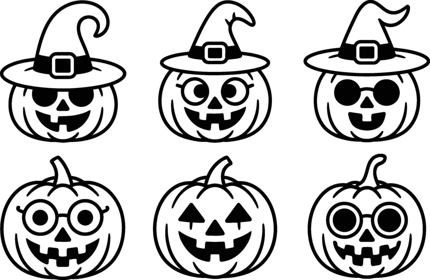 Six Black and White Halloween Pumpkin Faces with Witch Hats and Glasses vector