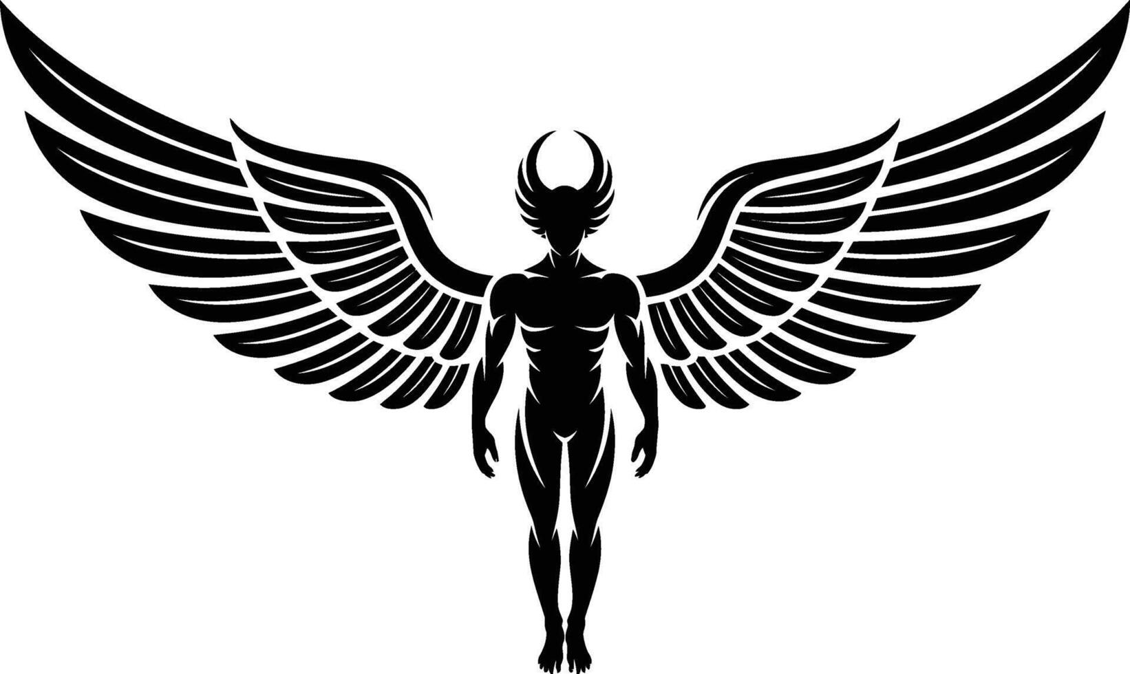 Black Silhouette of a Winged Human Figure with Horns on White Background vector