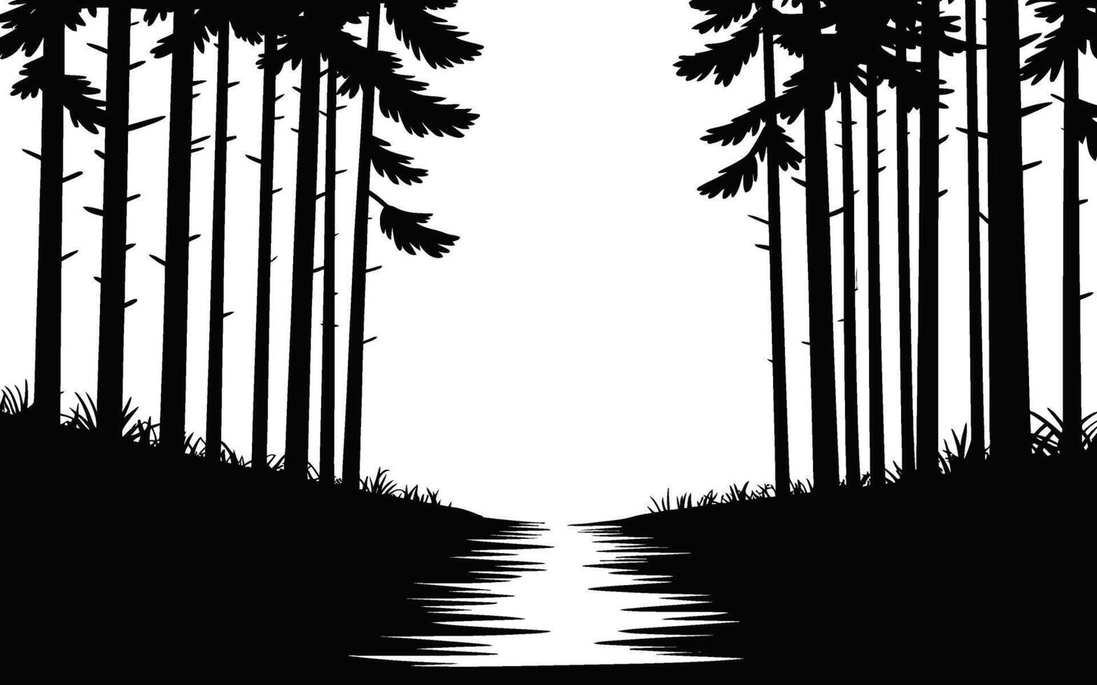 Black Forest Silhouette with Path and Grass trees white vector