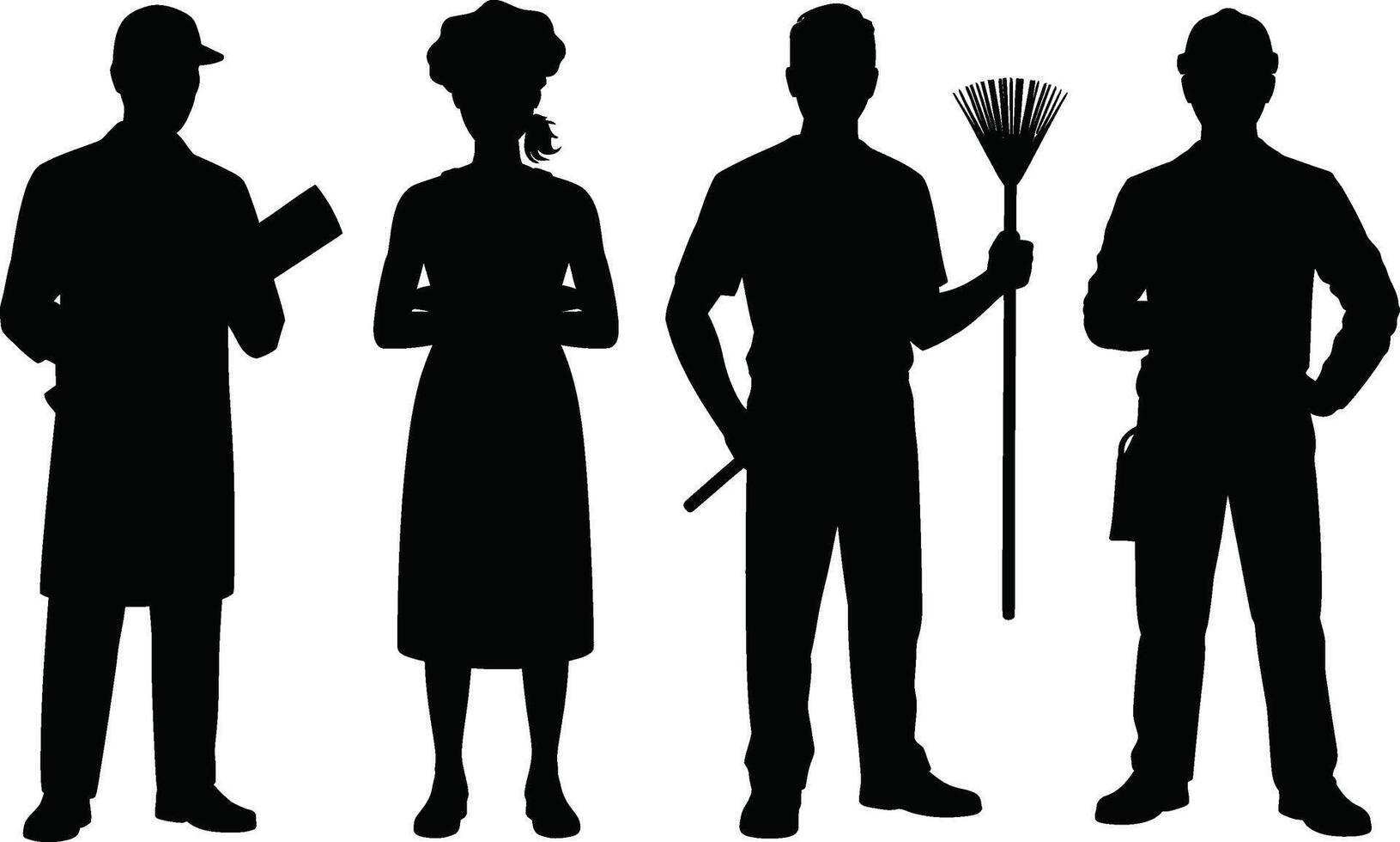 Silhouetted Workers in Black Chef Gardener Construction Worker and Inspector vector