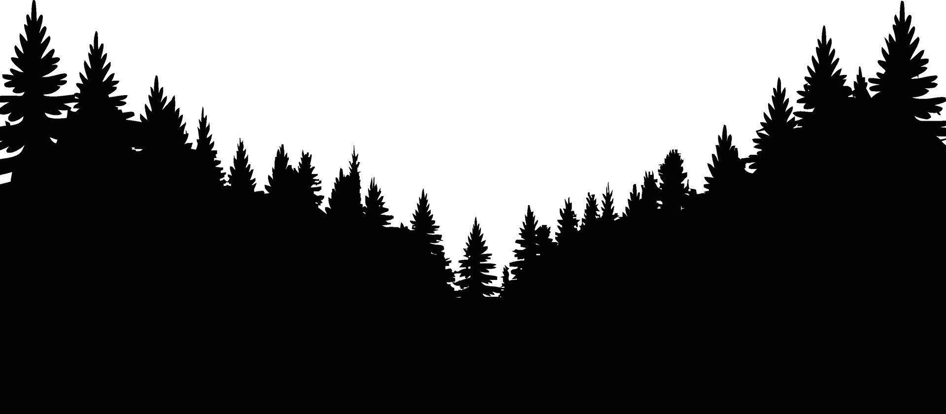Black Silhouette Forest Landscape with Pine Trees Against White Sky vector