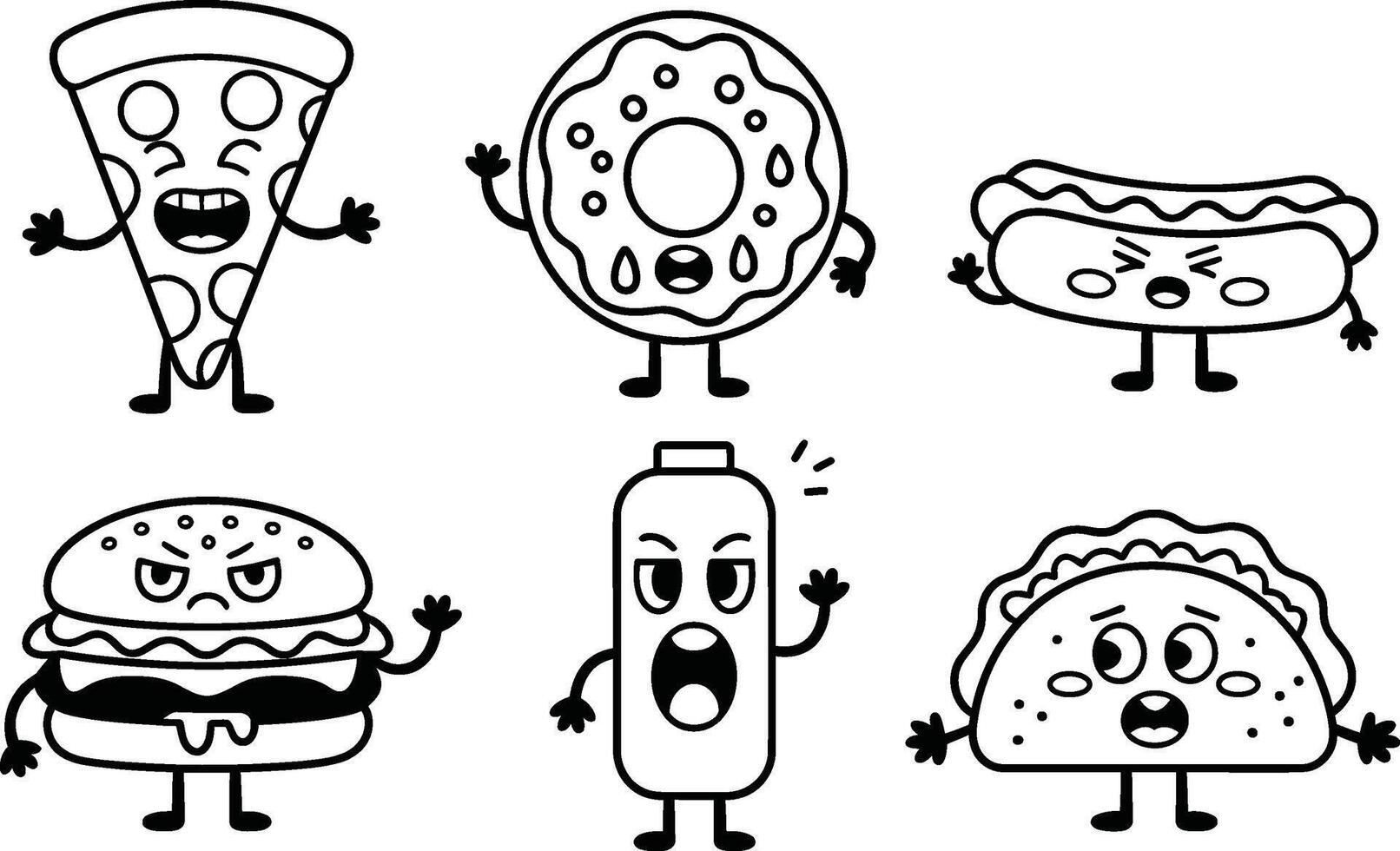Cartoon Food Characters Pizza Donut Hotdog Burger Taco Soda vector