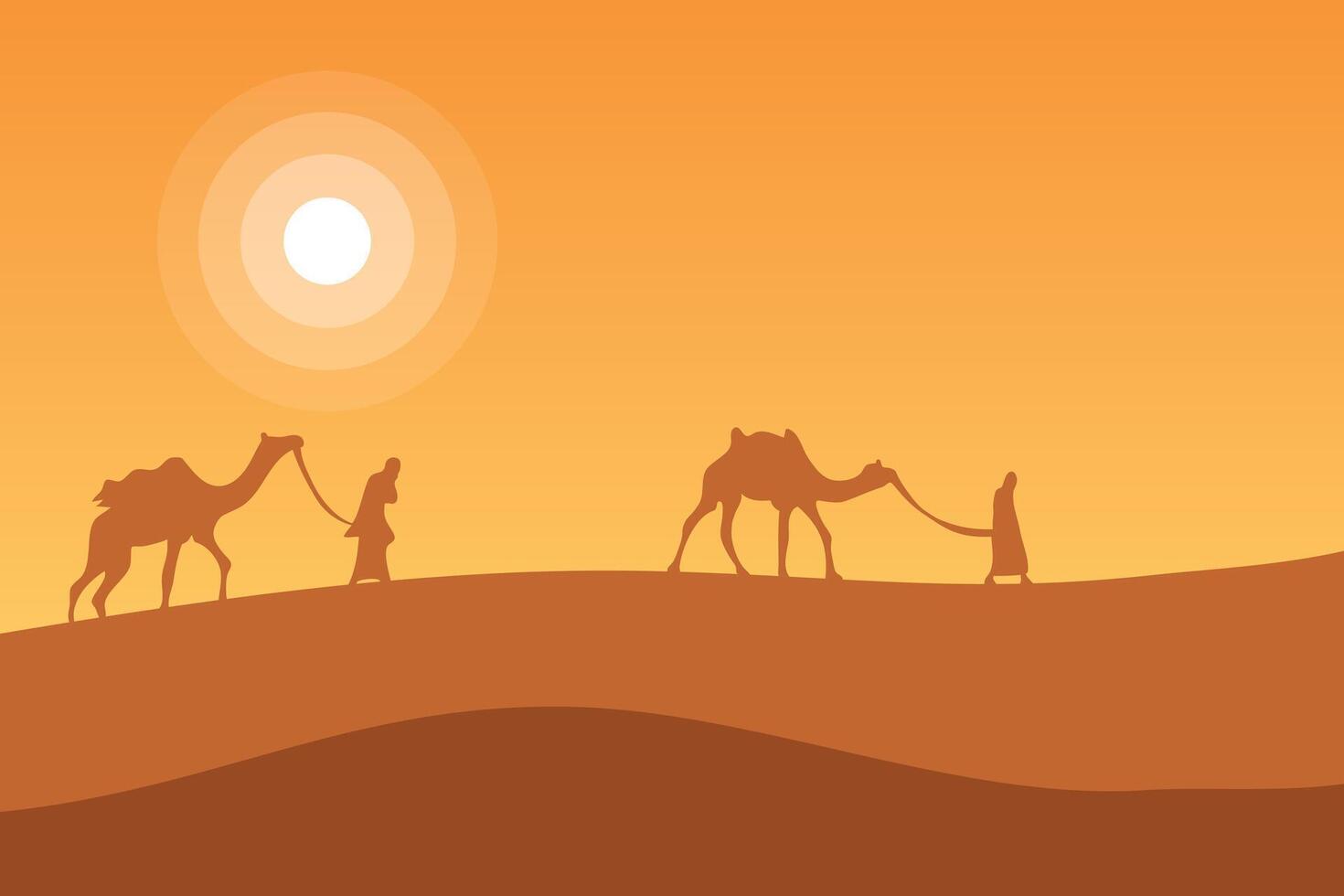 Minimal desert landscape and silhouette with camels and people, organized, editable, and layered vector