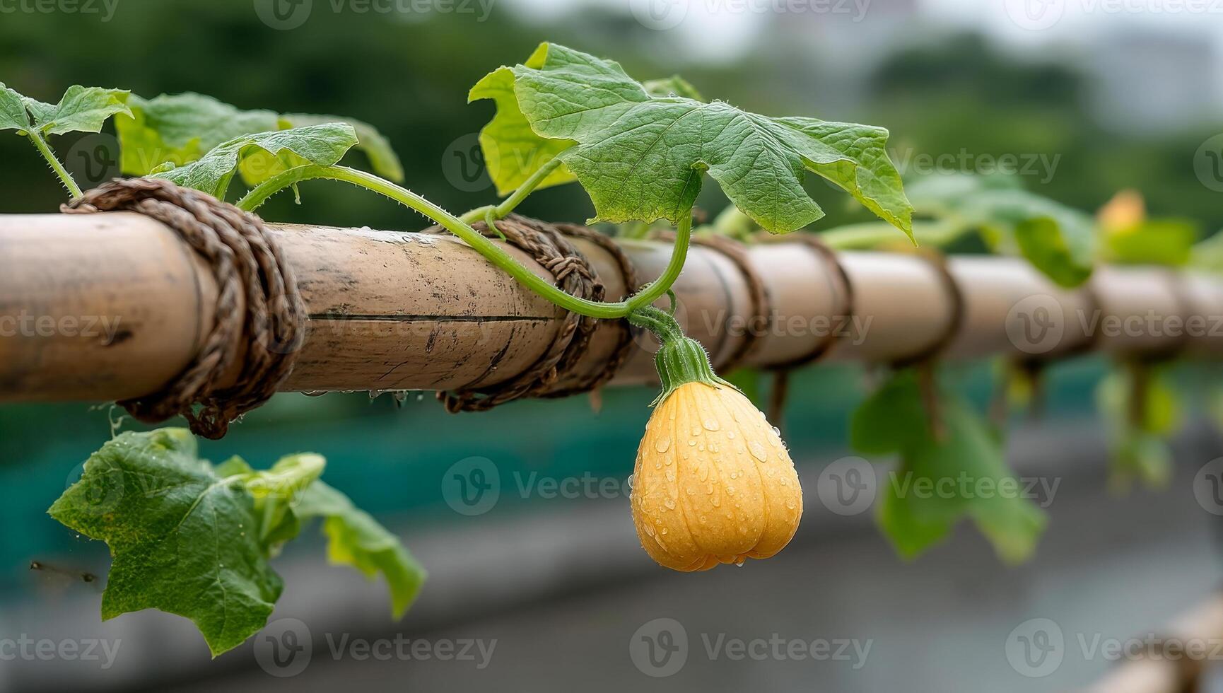 Squash on bamboo trellis. Raindrops glisten on a yellow squash hanging from a bamboo trellis surrounded by lush green leaves in a garden setting. photo