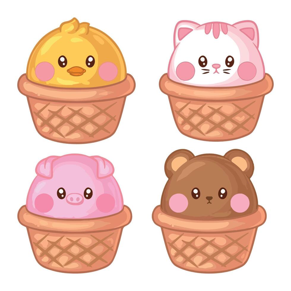 Set of cute baby animals in ice cream waffle cups. illustration. vector