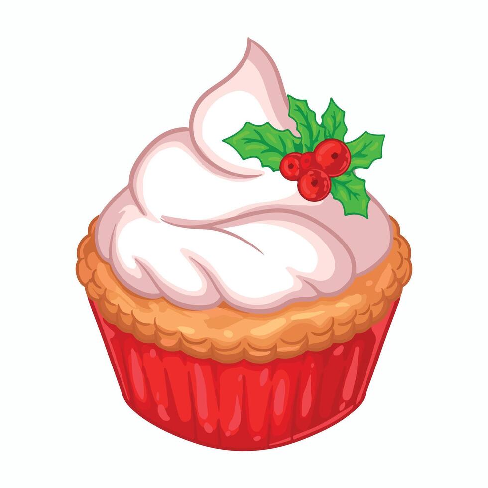 Cupcake with whipped cream and holly berry. illustration vector