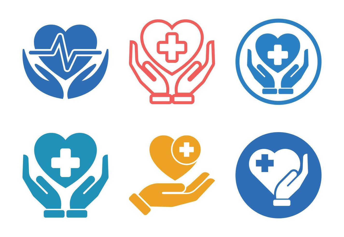 Collection of medical care icons featuring hearts and hands in various colors vector