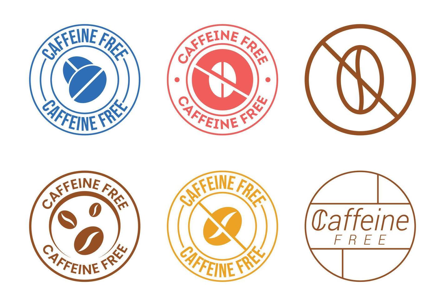 Collection of six circular caffeine free product labels with coffee bean icons vector