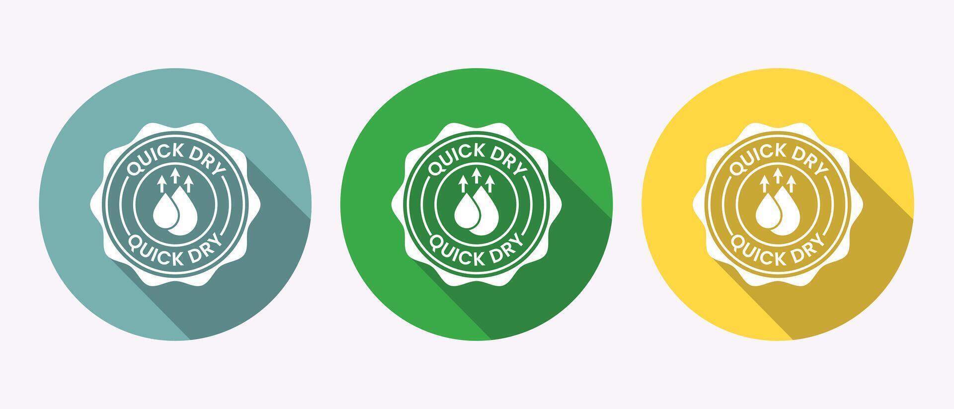 Three quick dry icons with water drops and arrows in blue green and yellow circles vector