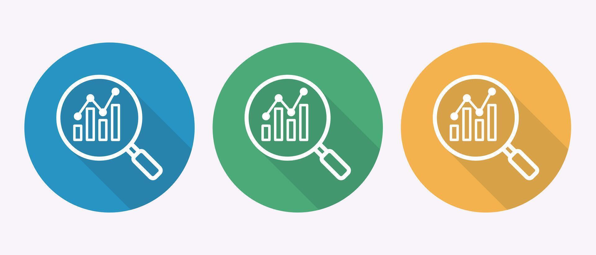 Magnifying glass over bar graph and line chart icons in three different colored circles vector