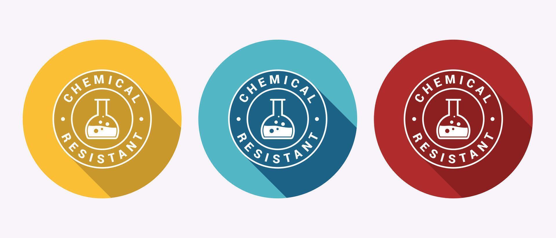Three circular chemical resistant labels featuring laboratory flask icons vector