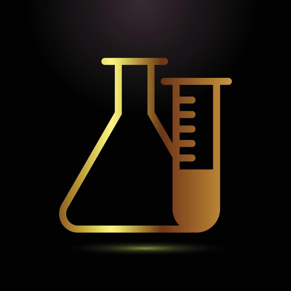 Golden outline of laboratory flasks and test tubes on a black background vector