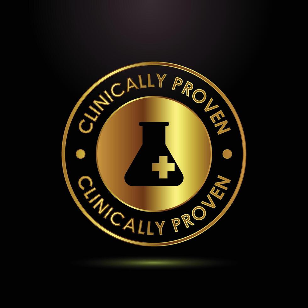 Gold seal badge with clinically proven text and medical flask symbol vector