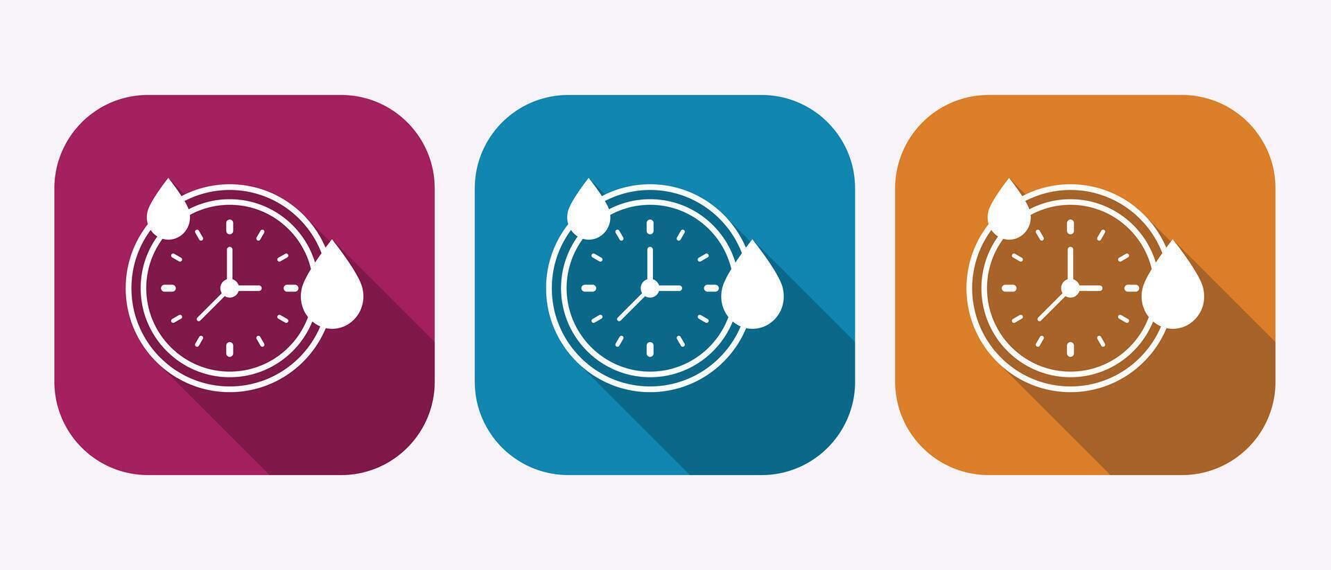 Three flat design icons of a clock with water drops in different colored squares vector